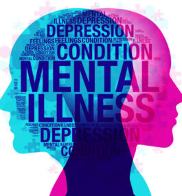 A male and female side silhouette positioned back to back, overlaid with various semi-transparent jigsaw pieces and words all themed on the topic of “Mental health and Illness.